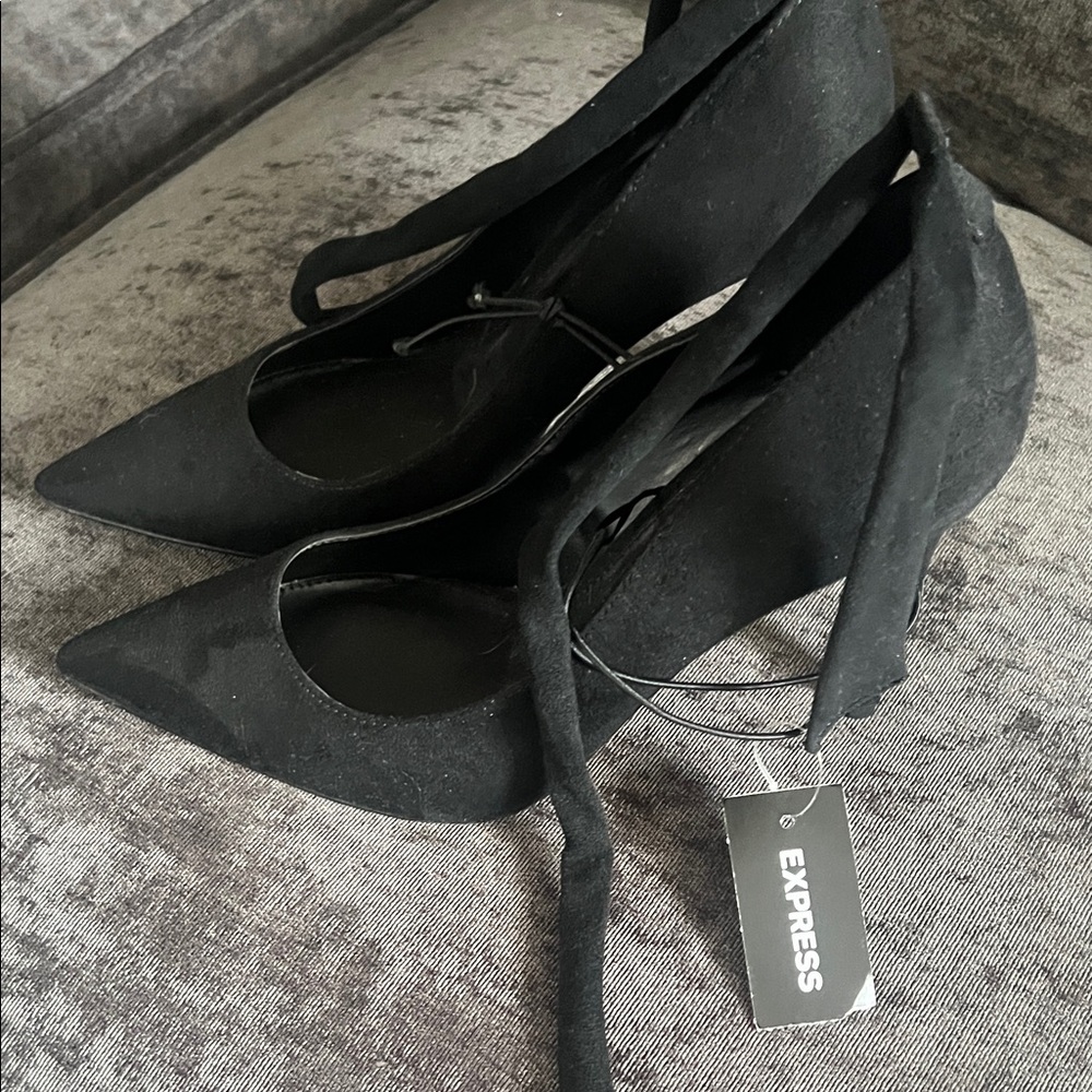Express Elegant Black Heels with Ankle Tie - Picture 2 of 4